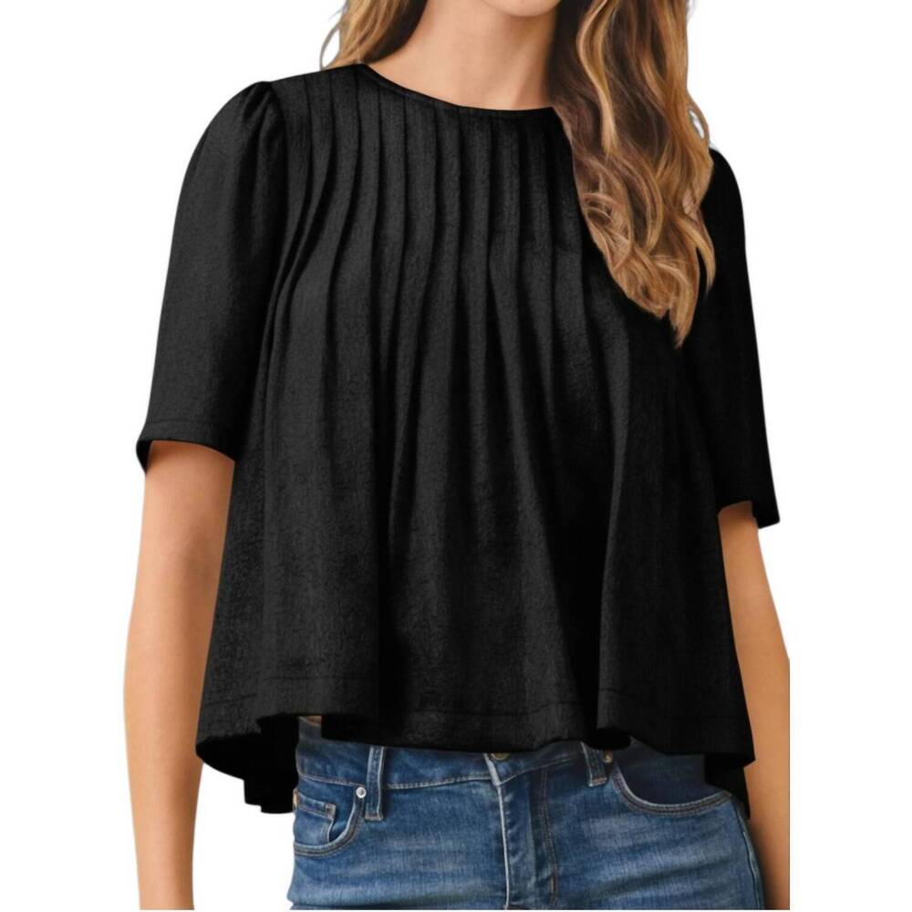 NEW NYLAND shivani pleated detail round neck short metallic top in black